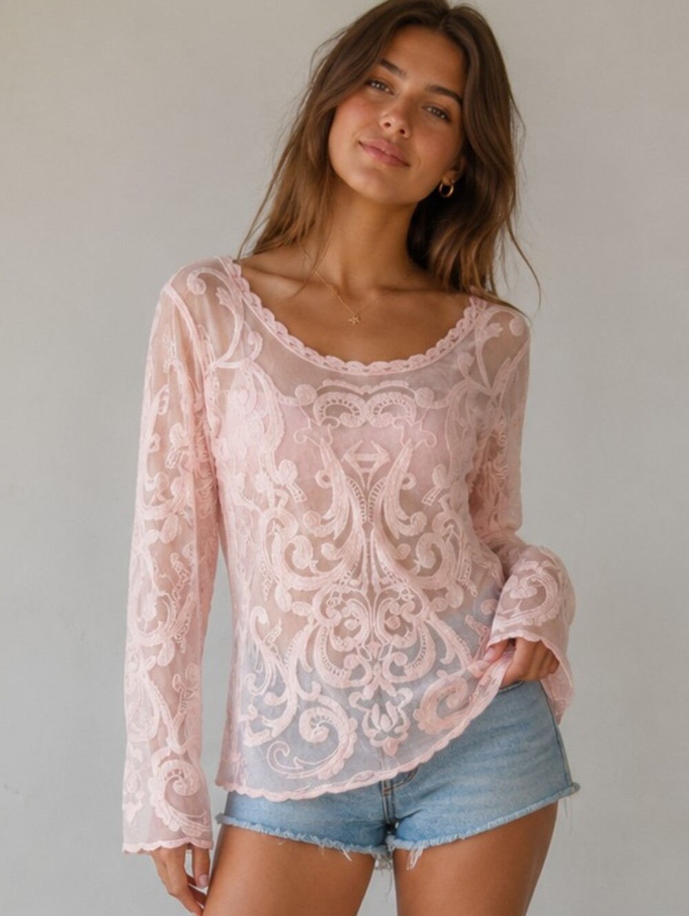 Express Sheer Pink Lace Mesh Top Coquette Fairycore Boho Coastal Cowgirl M